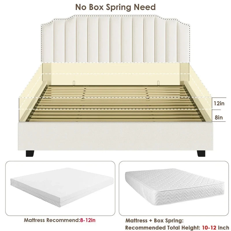Lit plateforme relevable en velours et bois de taille Queen avec rangement
