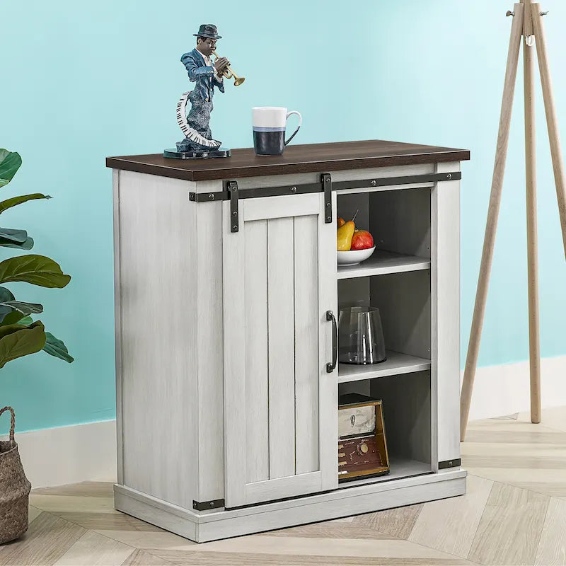 Meuble d'appoint 81 cm style porte de grange coulissante avec étagères réglables