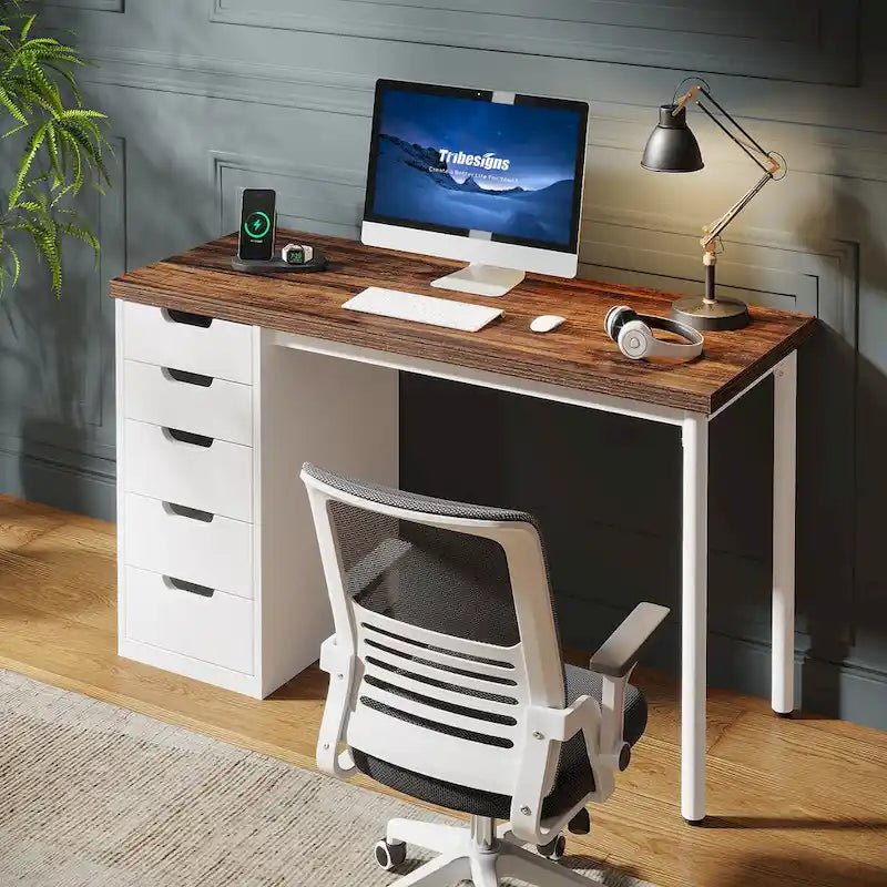 Bureau de style industriel avec tiroirs et cadre en métal de 119 cm