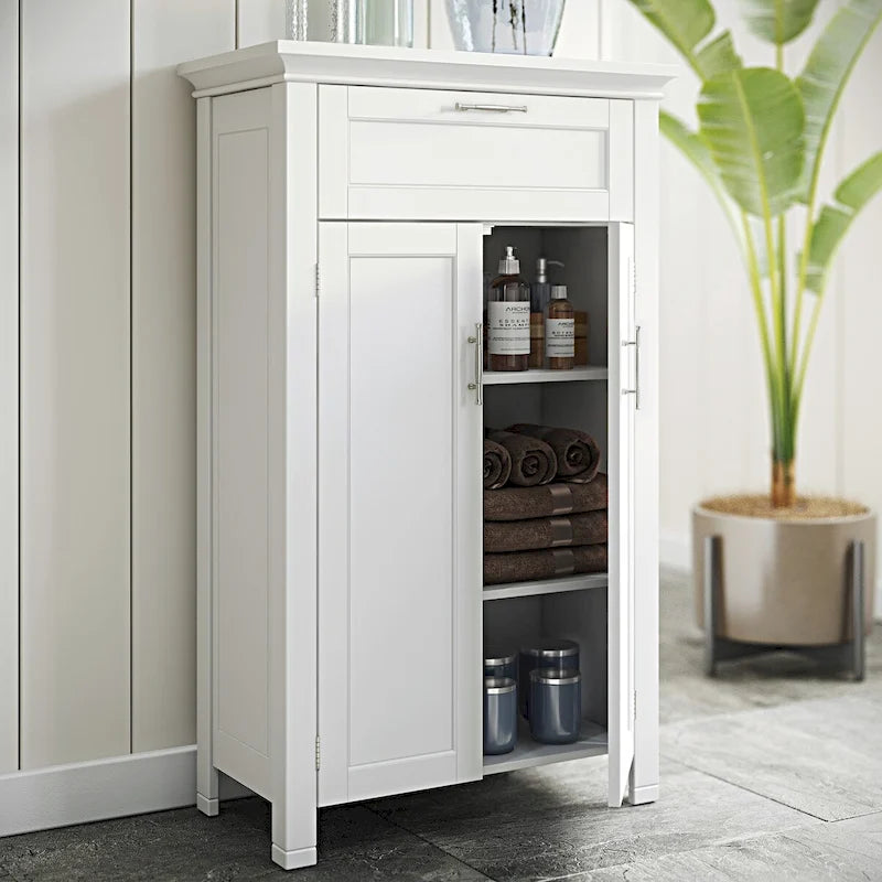 Meuble de rangement deux portes pour salle de bain et buanderie avec tiroir et étagère réglable - Blanc