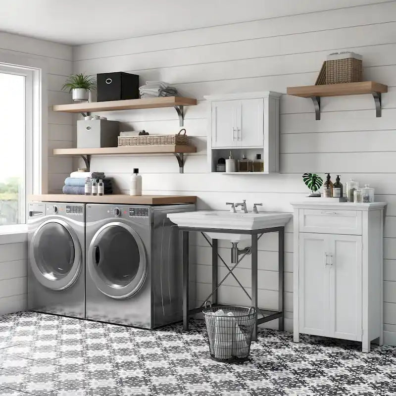 Meuble de rangement deux portes pour salle de bain et buanderie avec tiroir et étagère réglable - Blanc