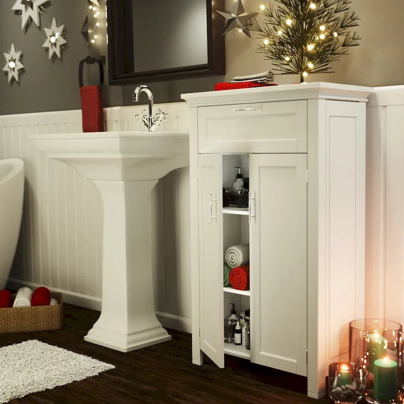 Meuble de rangement deux portes pour salle de bain et buanderie avec tiroir et étagère réglable - Blanc