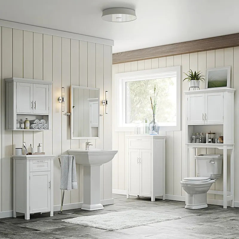 Meuble de rangement deux portes pour salle de bain et buanderie avec tiroir et étagère réglable - Blanc